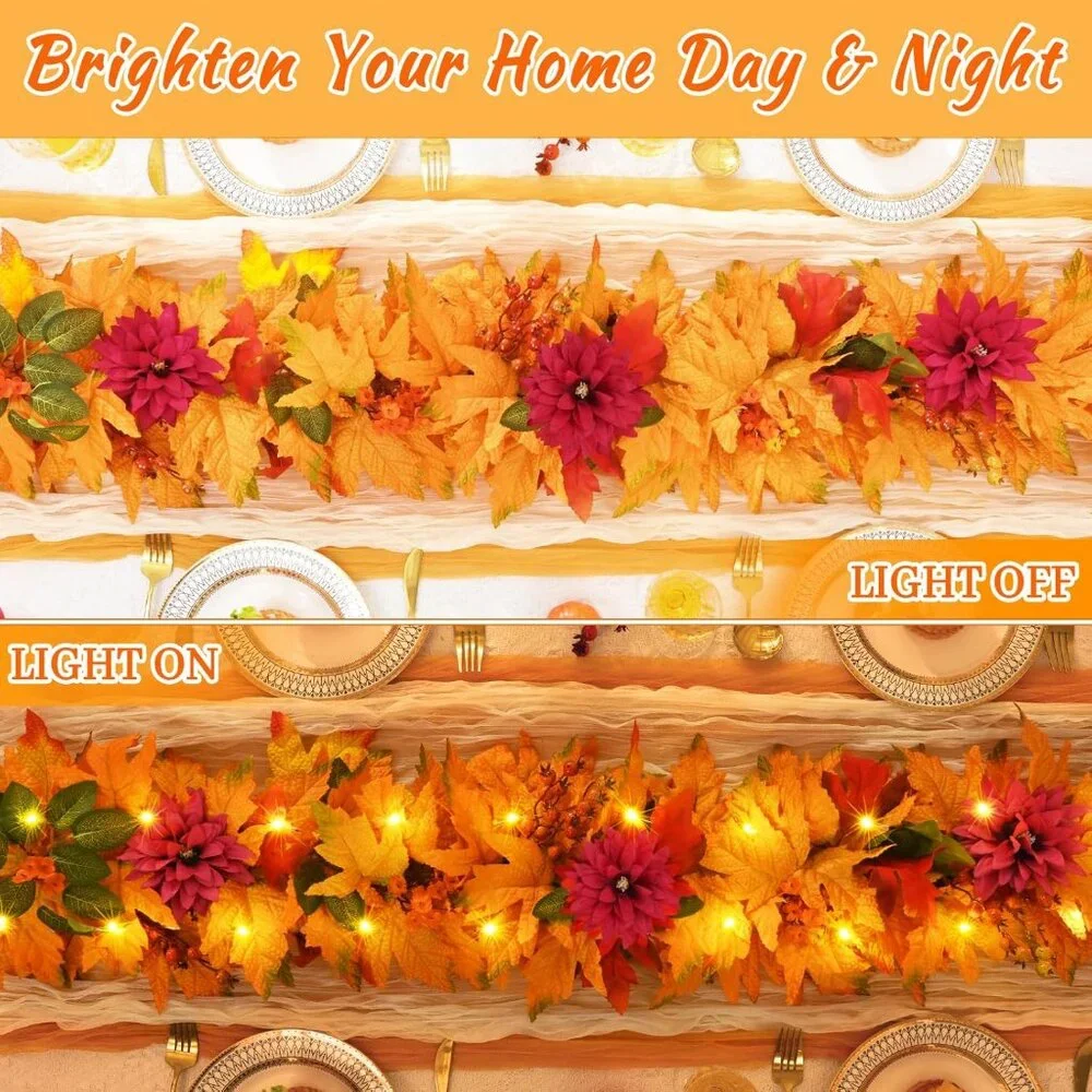 Fall Garland -Fall Decor 5.9 FT ‎ Leaves Garland with Lights, Artificial Autumn